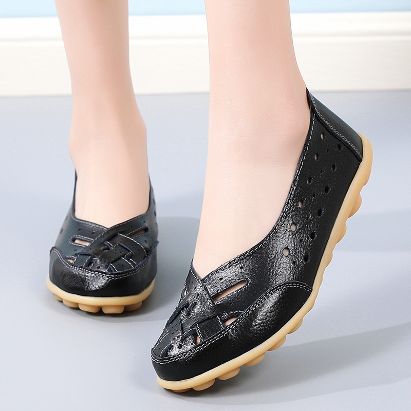 35-46 Plus Size Bird's Nest Sommer Damen Hohl Loafer Rindsleder Sohle Bean Schuhe für mittleren Alters und ältere Mütter_voghion.com