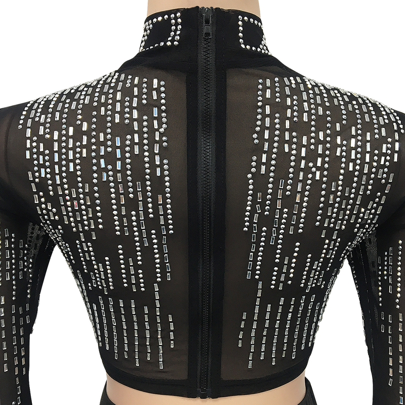 Ensemble deux pièces sexy en maille diamant pour femmes, jupe longue fendue à manches longues et transparente, boîte de nuit_voghion.com