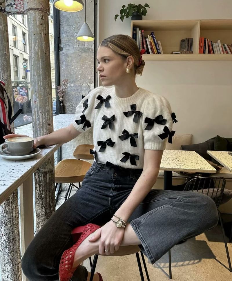 Damen Strick-Kurzarm-T-Shirt mit Schleifendetail – Lässiges Streetwear-Oberteil für Frühling & Herbst – Rundhalspullover in Beige, Schiefergrau, Khaki_voghion.com