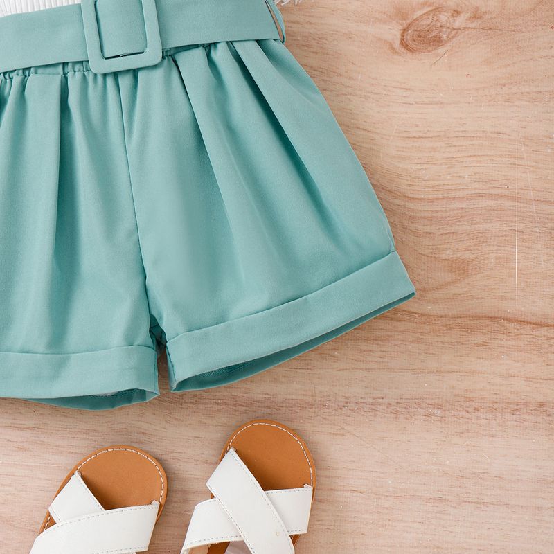 New Summer Girls' Set, Small Medium Children's Diagonal Shoulder Suspender with Flying Sleeves Top+Shorts and Hat Three_voghion.com