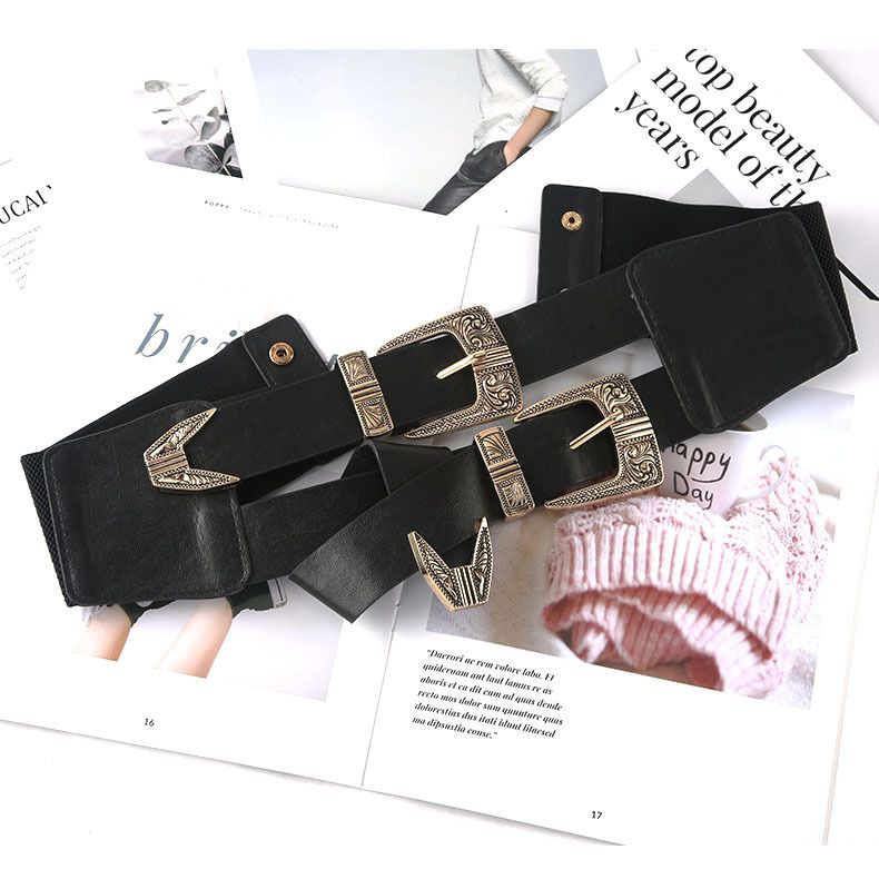 Decorazione con doppio bottone intagliato in metallo con ampia cintura e camicia lunga per donna alla moda elastica dimagrante_voghion.com