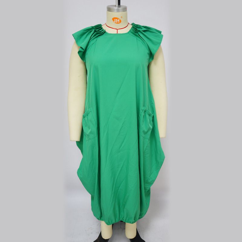 Kadın Giyim Moda Büyük Beden Kadın Düz Renk Çift Cepli Bol Elbise_voghion.com
