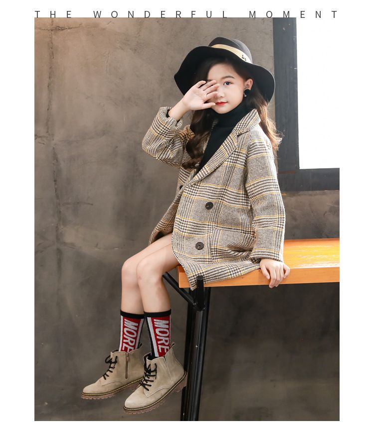Girls Woolen Coat Autumn And Winter New Children's Medium And Long Plaid Coat For Middle And Large Children's Fashionable Woolen Coat Trend_voghion.com