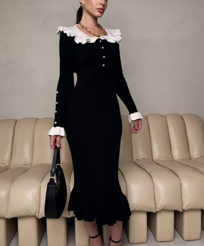 Französisch inspiriertes Strickkleid mit gerüschtem Ausschnitt – Damen-Midikleid aus Viskose mit hoher Taille für Herbst und Winter (S-XL, Langarm-Knopfdetail,_voghion.com