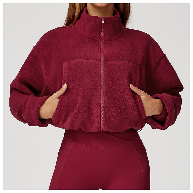 Autumn Winter Stand Collar Windproof Warm Drawstring Women Running Fleece Sports Jacket 2053_voghion.com
