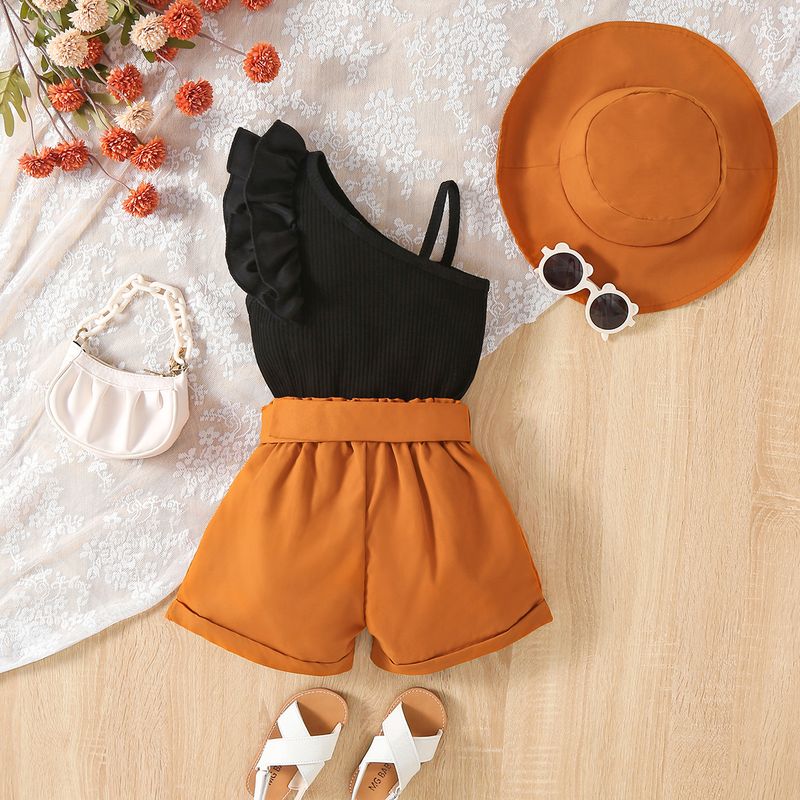 New Summer Girls' Set, Small Medium Children's Diagonal Shoulder Suspender with Flying Sleeves Top+Shorts and Hat Three_voghion.com
