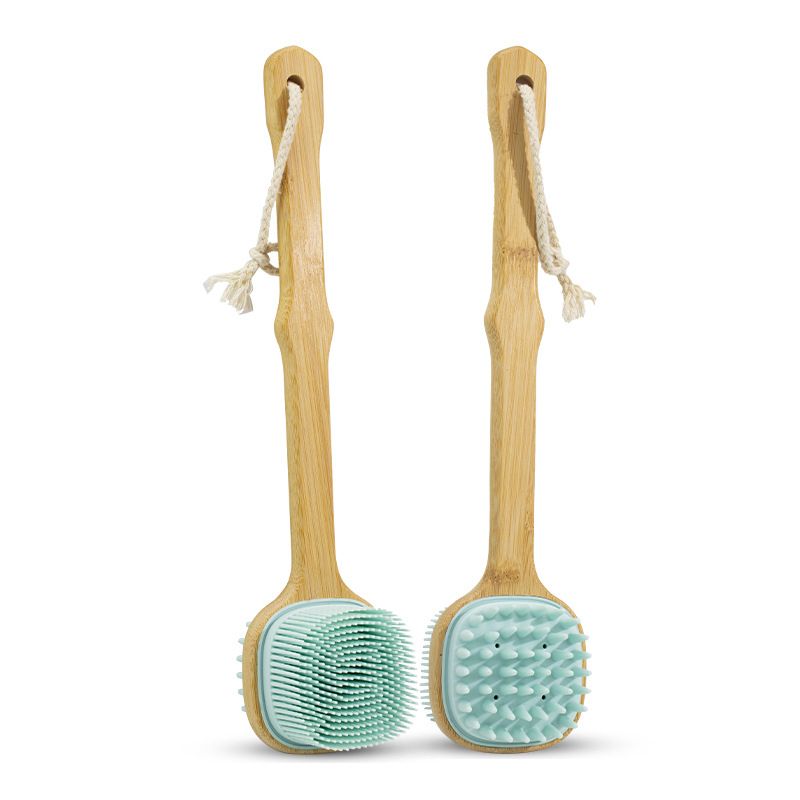 Silicone Bamboo Bath Brush With Hanging Rope, Multifunctional Soft Massage Brush, Lazy Long Handle Back Scrubber_voghion.com