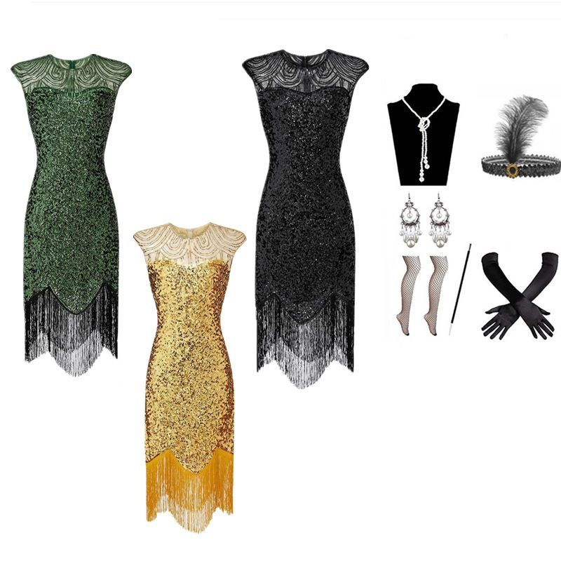Abito da sera da banchetto da donna, con frange di paillettes, scollo tondo, stile Gatsby, anni '20_voghion.com