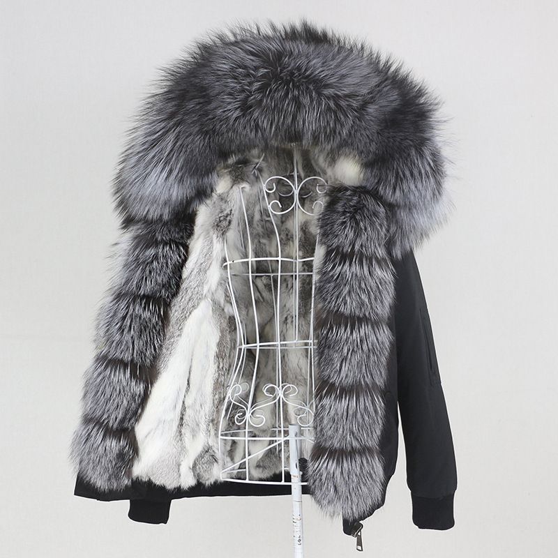 Damenbekleidung Parka im neuen Stil mit dickem Kaninchenfellfutter, abnehmbarem echtem Fuchspelz, großer Pelzkragenjacke, Pelzmantel_voghion.com