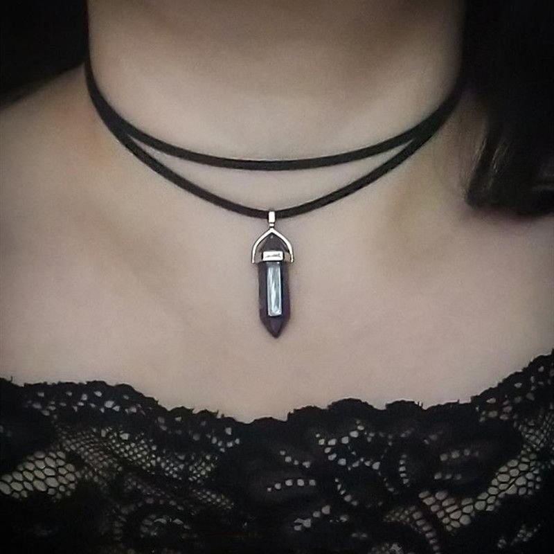 Necklaces Hexagonal Column Crystal Pendant Double Wrap Choker Necklace_voghion.com