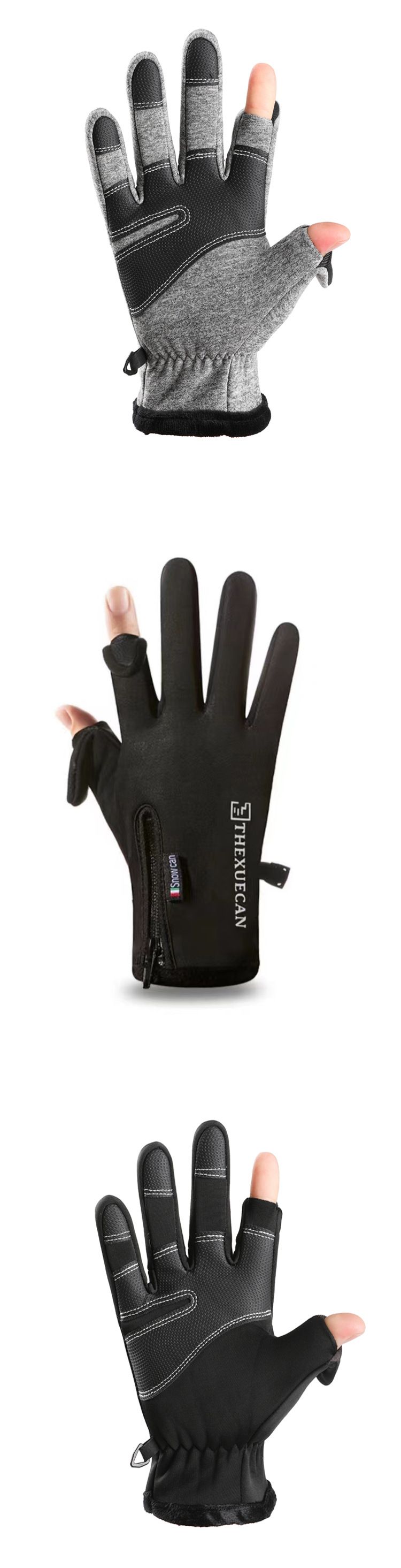 Outdoor warm waterproof gloves winter fingerless plus velvet fishing touch screen ski waterproof non slip zipper mountaineering gloves_voghion.com