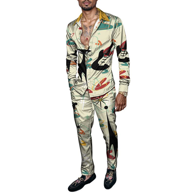2025 Spring Summer Men Shirt Set Geometry Print Fashion Abstract Two Piece Set Mens Cat Lightweight Party Long Sleeves Suit Casu_voghion.com