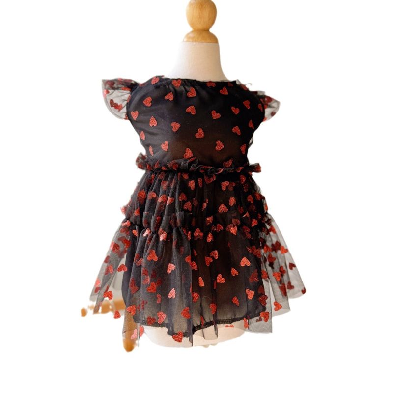 Mesh Glitter Full Print Heart Flutter Sleeve Dress Lightweight Comfortable Suitable For Valentine's Day Spring Summer_voghion.com