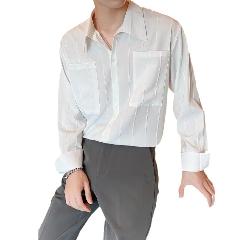 Camicia a maniche lunghe con risvolto francese casual a righe, non stirabile, per camicia da uomo versatile e allentata, versione coreana_voghion.com