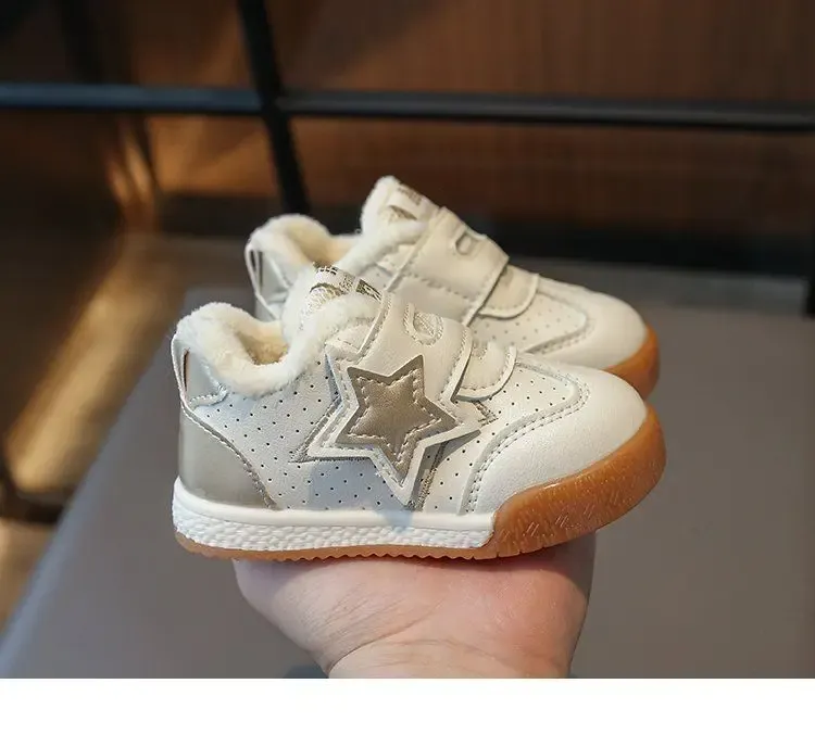 Scarpe da ginnastica invernali per bambini, calde, casual, con stelle, in PU, con gancio e passante, bianche, morbide e antiscivolo, per bambini piccoli, sportive_voghion.com