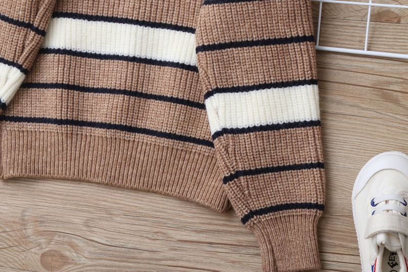 Strickjacke aus Lammwolle für Mutter und Kind, weicher, warmer Strickpullover für große Kinder (ab 8 Jahren), gestreiftes Design, lange Ärmel, Stehkragen (Grau/Marineblau)_voghion.com