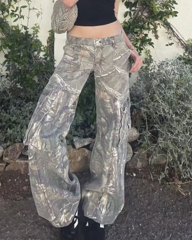 Damkläder Nya heta tjejer Kamouflagebyxor Raka lösa jeans med låg midja och fickor för kvinnor_voghion.com