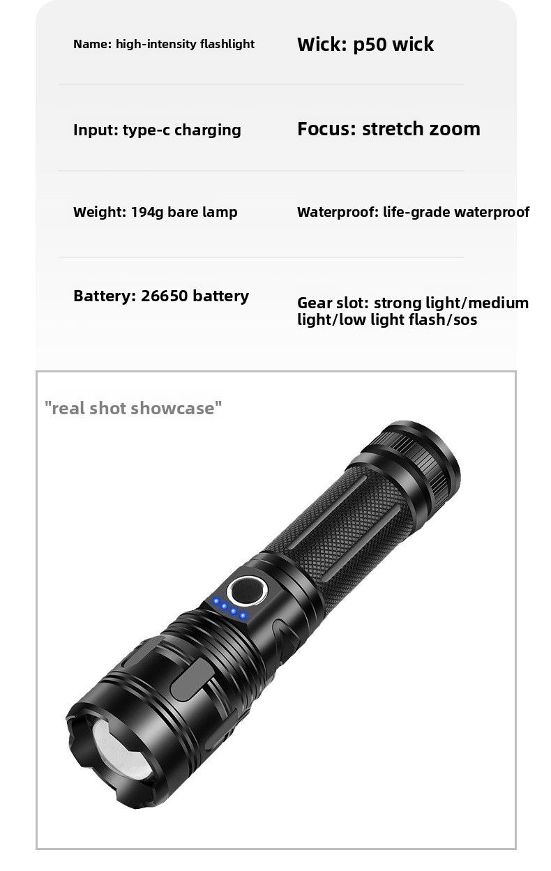 Outdoor-Zoom-Notfall-Taschenlampe mit starkem Licht, tragbar, wiederaufladbar, multifunktional, weißer Laser_voghion.com