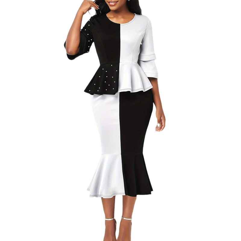 black and white contrasting color stitching beaded top fishtail skirt plus size suit_voghion.com