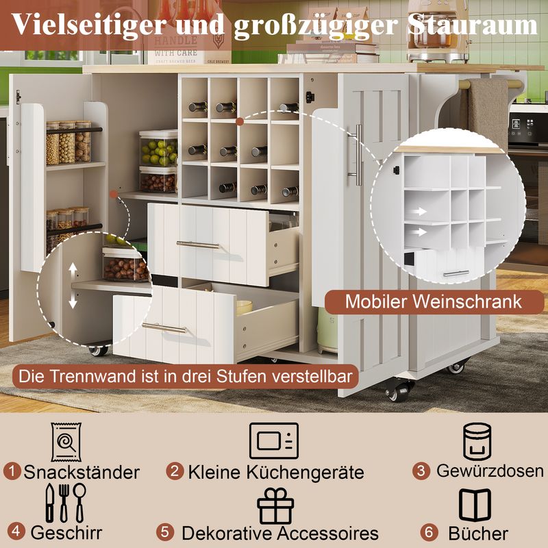 Kücheninsel Mit Trennwänden, Weinregal, Handtuchhalter, Rollen, Weiß_voghion.com