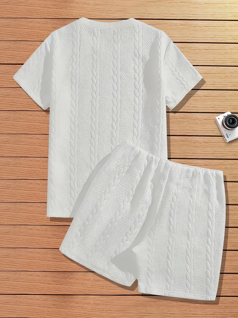 Ensemble 2 pièces décontracté d'été pour homme : t-shirt à manches courtes en tricot côtelé et short mi-long à patchs, pour un style streetwear et un confort quotidien_voghion.com