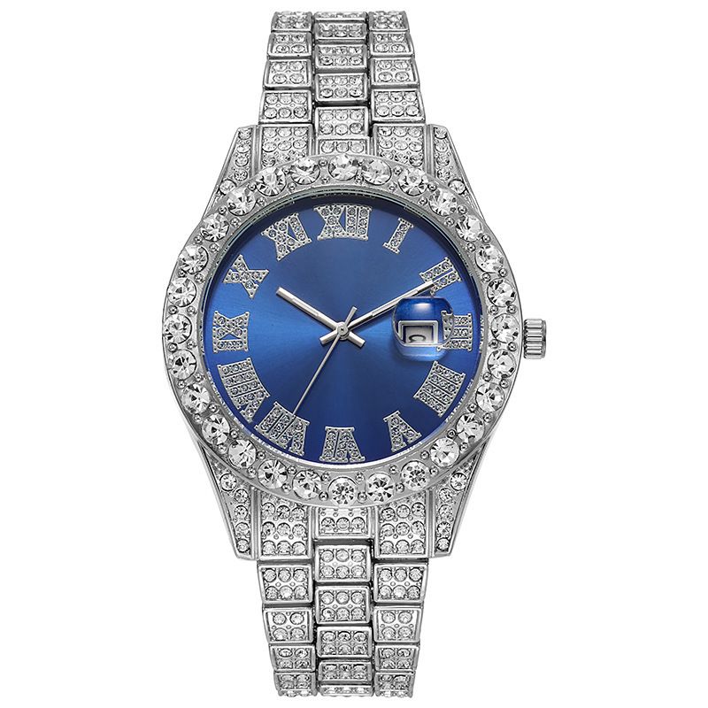 Orologio Hip Hop tempestato di diamanti, composto da cinque pezzi, con collana a croce a forma di diamante e anello cubano._voghion.com