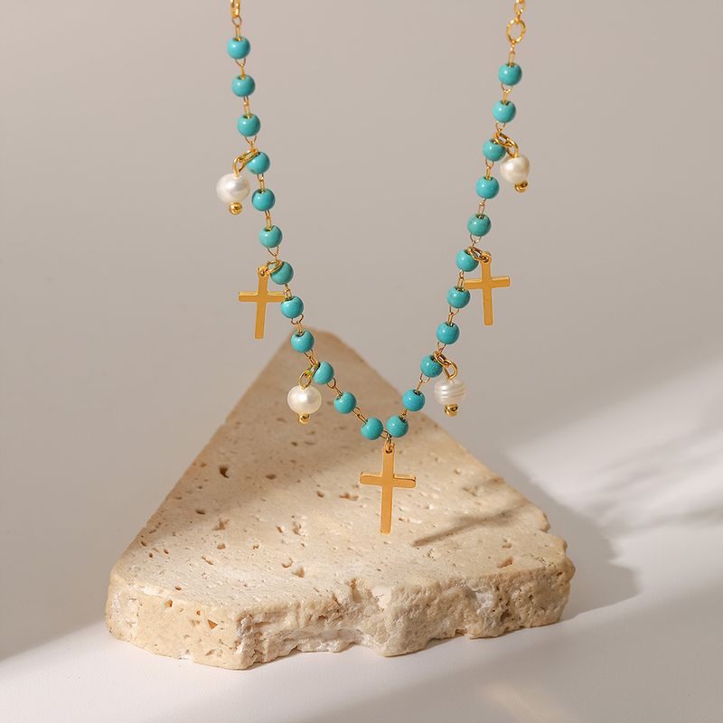 Francês Novo Popular Feminino Azul Pedra Arroz Cruz Pérola de Água Doce Colar Pingente Borla_voghion.com
