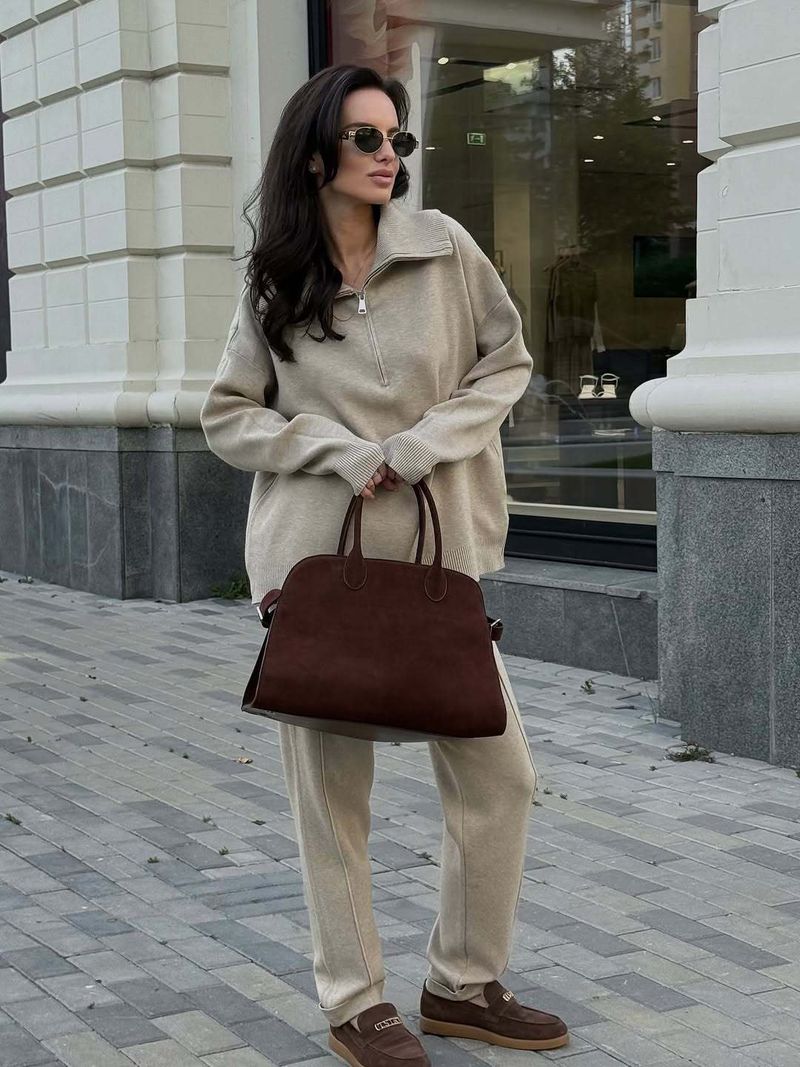 Women's Half-Zip Mock Neck Sweater & Pants Set - Soft Knit Casual Lounge Outfit In Khaki (S/M/L)_voghion.com