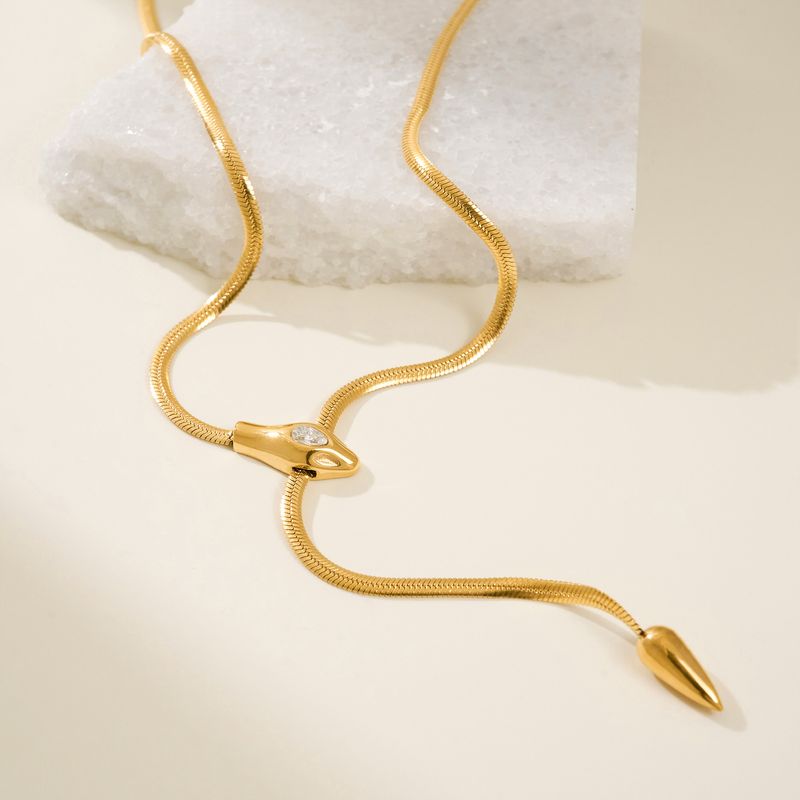 Damenschmuck Vergoldeter Titanstahl Retro Einzigartige Schlangenförmige Zirkon Schlüsselbeinklingenkette_voghion.com