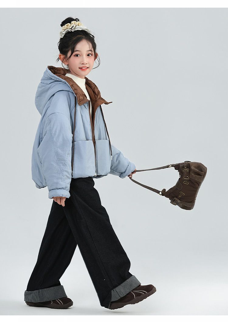 2025 New Style Girls Contrast Color Down Cotton Jacket Casual Loose Thick Warm Winter Cotton Jacket For Middle And Large Children_voghion.com