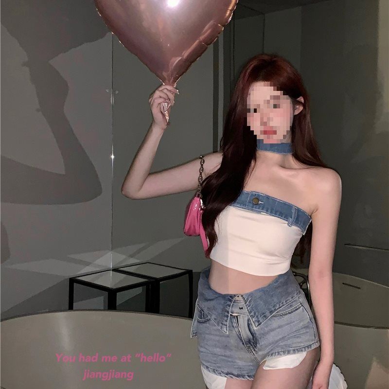 Strapless Tube Color Block Camisole 2025 Summer New French Style Eleant Hot Girl Off-Shoulder Top Short Women's_voghion.com