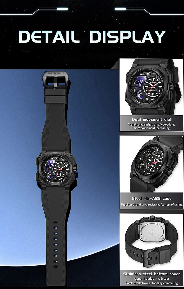 Nuovo orologio sportivo quadrato da uomo, orologio da esterno LED elettronico con cronometro, sveglia, doppio display, orologio al quarzo multifunzione da uomo_voghion.com