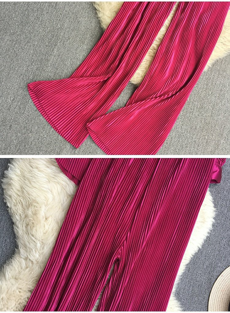 Damen Moud propper Faarf Hemd Zwee-Stéck Set vun Héichtaille Vertikal Vertikal Breetbeenhosen_voghion.com