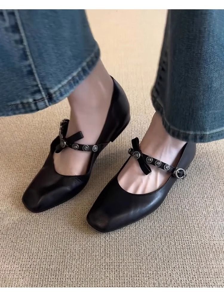 Sheepskin Version Single Shoes Women's Flat Leather Shoes Shallow Mouth Ballet Shoes Square Head Retro Mary Jane Shoes_voghion.com