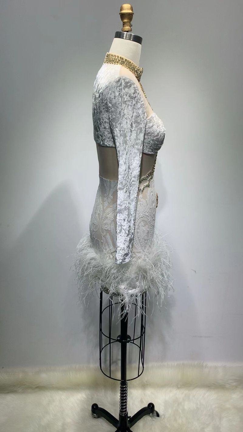 Elegant Feather-Embellished Sequin Velvet Mini Dress For Parties & Evening Events – Glamorous Off-Shoulder Long Sleeve Gown With Rhinestone_voghion.com
