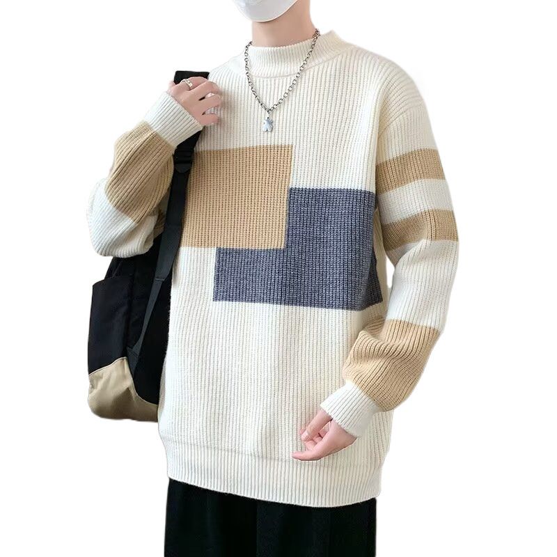 New color blocking striped sweater for men in autumn and winter, round neck long sleeved base sweater, thread jacket, warm knit sweater_voghion.com
