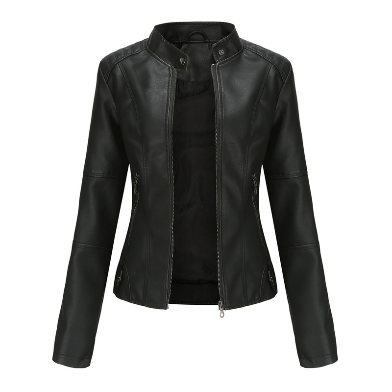 European Women's Slim Fit Thin Spring Autumn Coat Ladies Motorcycle Plus Size Stand Collar Leather Jacket_voghion.com