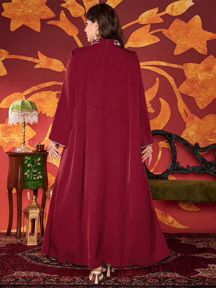 Vestido Abaya muçulmano elegante com bordado de miçangas – Vestido longo e modesto para mulheres, vestido longo evasê plus size, vestido formal com decote em V para noite_voghion.com