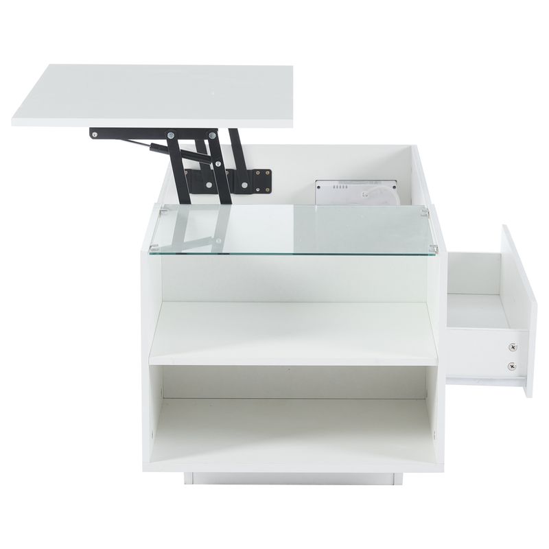 Table basse réglable en hauteur 95 x 48 x 42 cm avec rangement dissimulé, éclairage LED, tiroir et prise – Table d'appoint de salon blanche_voghion.com