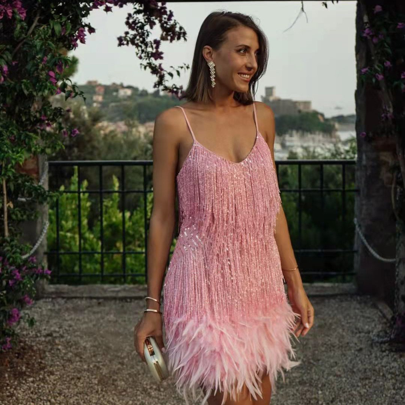 nuovo vestito alla moda con nappe, paillettes, piume, cuciture, colore, punto caldo, donna_voghion.com