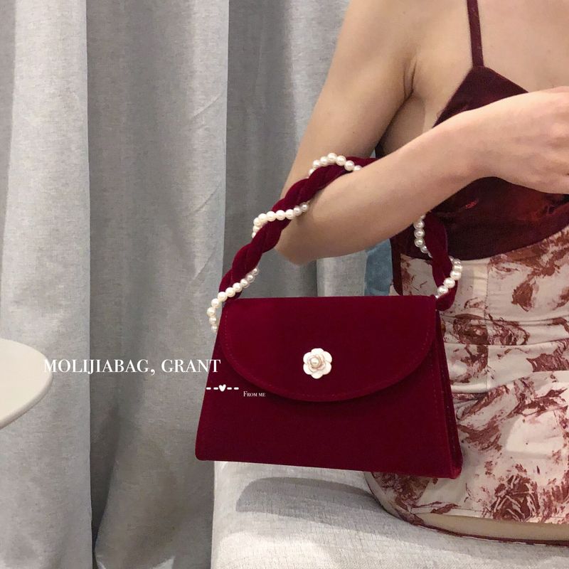 for Bride with Pearl Red Feeling Wedding Tide Summer Camellia 2024 New Handheld Bag_voghion.com
