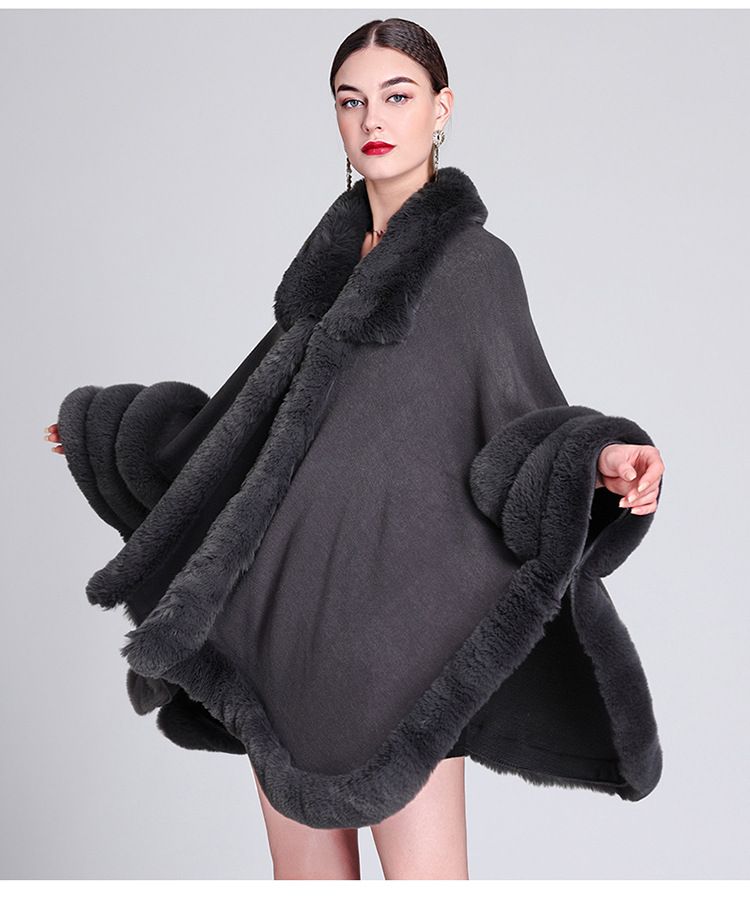Pelerină cu guler de blană, cardigan tricotat lejer, mărime plus, pelerină pentru femei_voghion.com