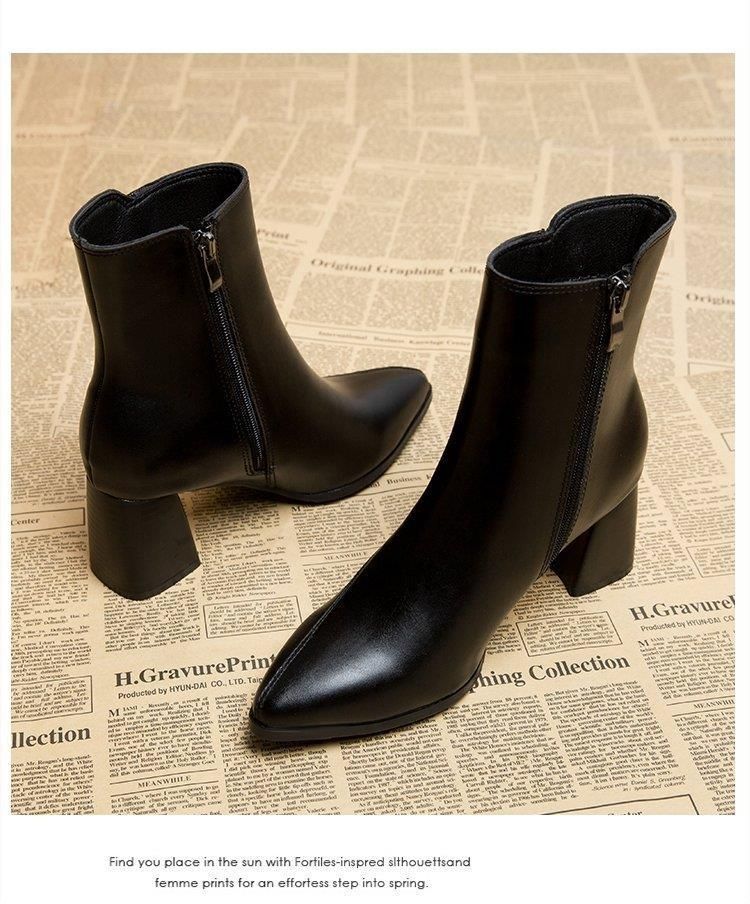 Autumn and winter new fashion pointed head thick heel side zipper short tube fashion pure black women's boots_voghion.com