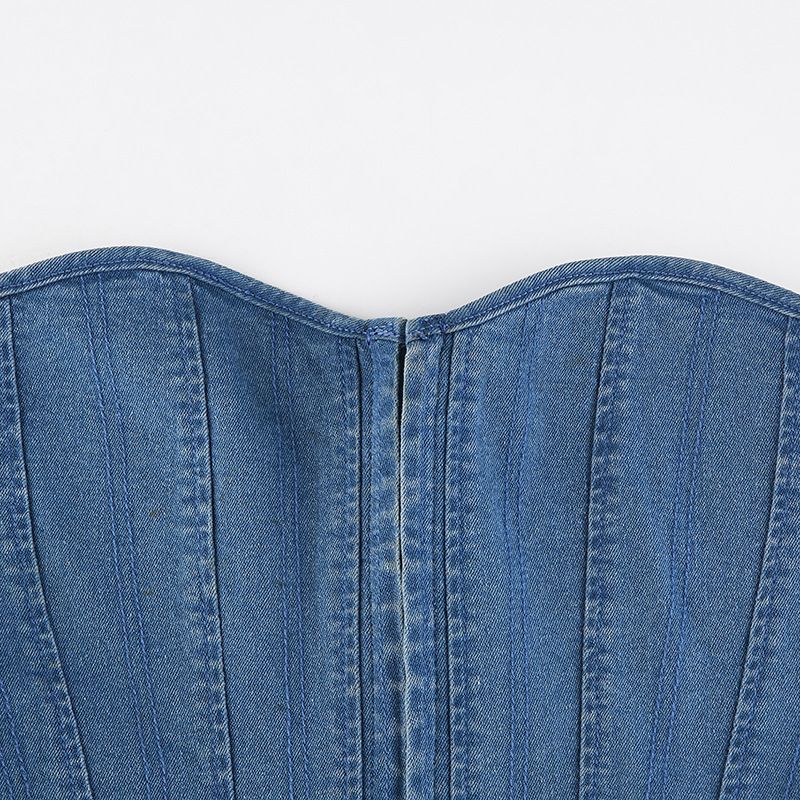 Women's Clothing Sexy Girl Solid Color Single Button Irregular Collar Denim Corset Top_voghion.com