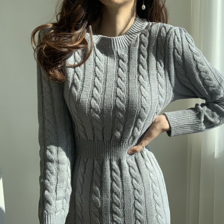 Schickes, vielseitiges Pulloverkleid mit Rundhalsausschnitt und Twist-Strick, V-Ausschnitt, wendbar, geteilter Saum, Grau, Schwarz (Einheitsgröße für 40–59 kg)_voghion.com