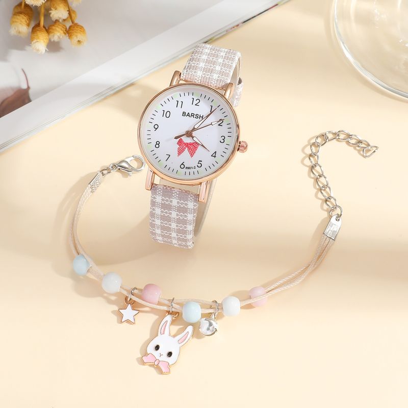 Girls' new watch set: simple and versatile patterned leather belt quartz watch + cute bunny beaded bracelet_voghion.com
