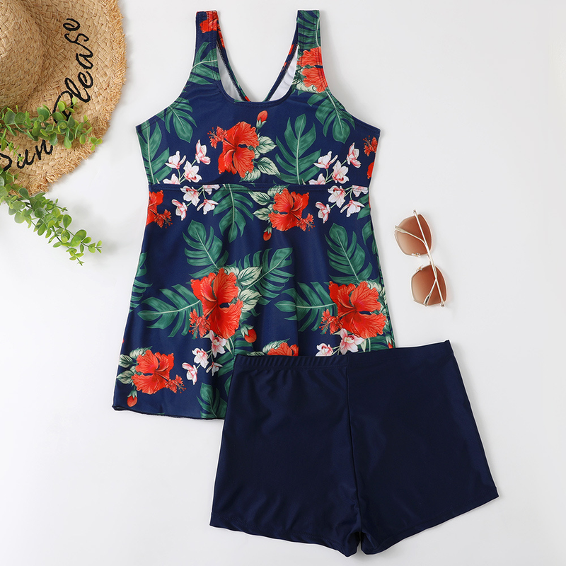 Bañador conservador multicolor con estampado de color liso para mujer, falda tipo bóxer, traje de baño dividido_voghion.com
