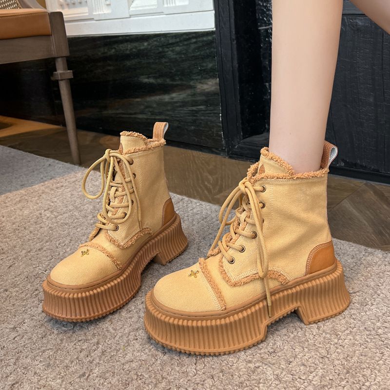 Super Cool Workwear Casual Style Height-Increasing Thick-Soled Martin 2025 Winter Chunky High Heel Round Toe Lace-Up_voghion.com