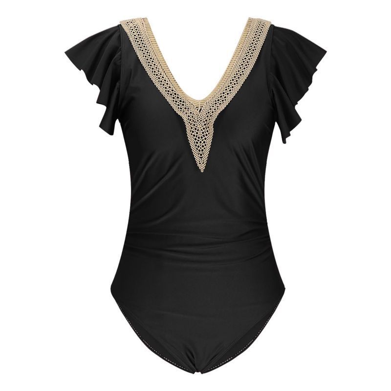 Naisten vaatteet, naisten muoti, huippuluokan seksikäs haalari, yksivärinen, pitsikauluksella varustettu, liitososainen uimapuku_voghion.com