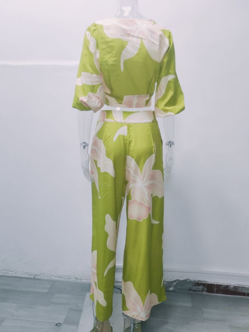 Damen bedruckter Modeanzug mit V-Ausschnitt, Laternenärmel, kurzes Oberteil, hohe Taille, weites Bein, Hose, zweiteiliges Set_voghion.com